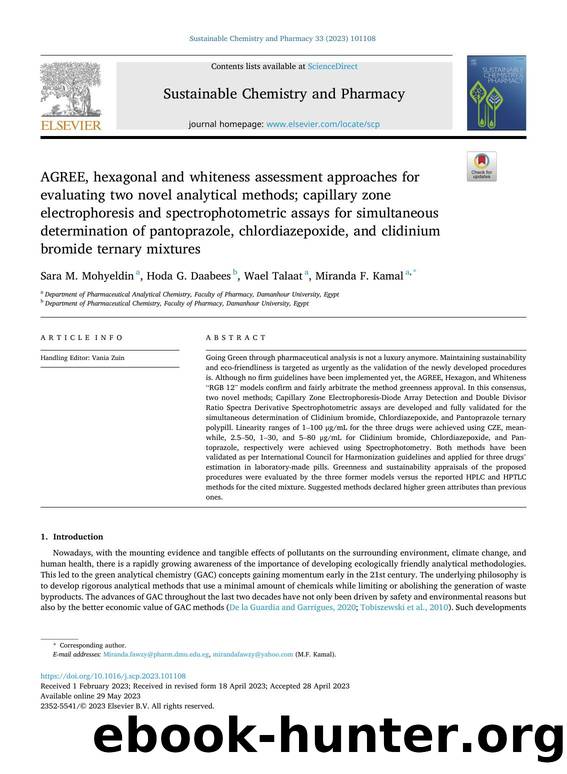 AGREE, hexagonal and whiteness assessment approaches for evaluating two novel analytical methods; capillary zone electrophoresis and spectrophotometric assays for simultaneous dete by Sara M. Mohyeldin & Hoda G. Daabees & Wael Talaat & Miranda F. Kamal