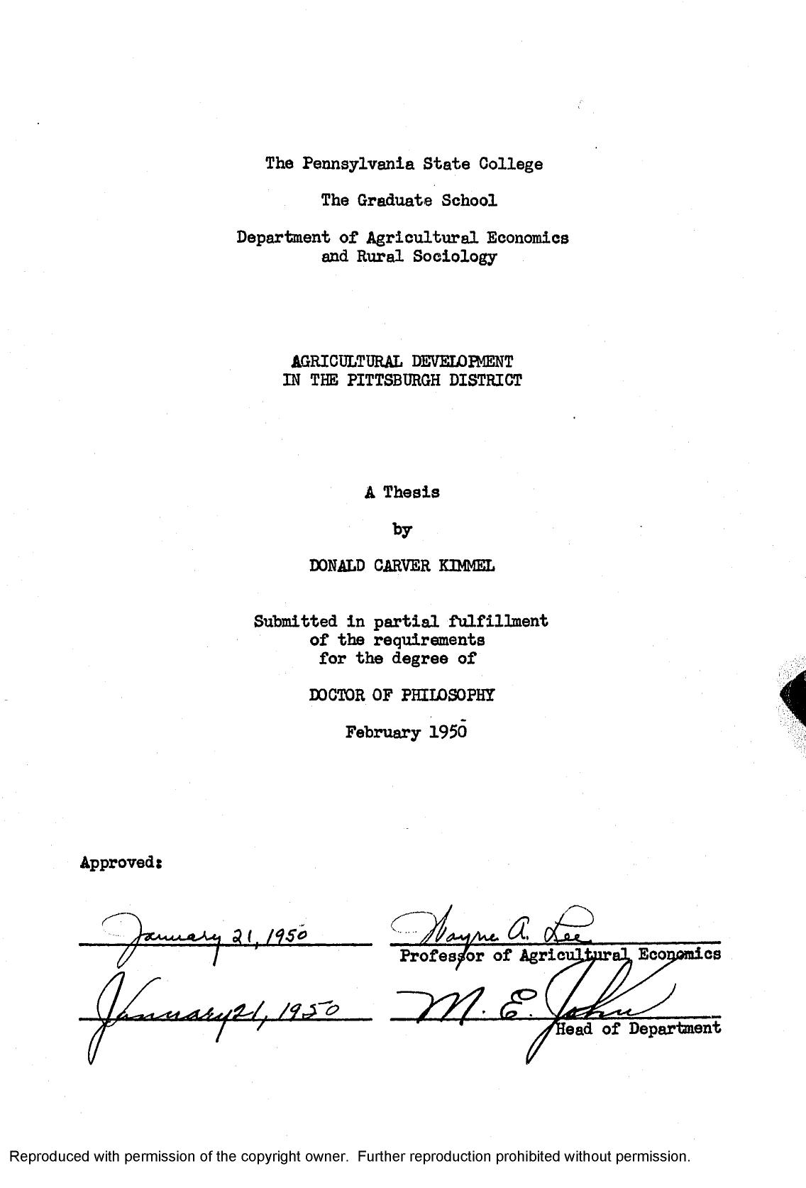 AGRICULTURAL DEVELOPMENT IN THE PITTSBURGH DISTRICT by KIMMEL DONALD C