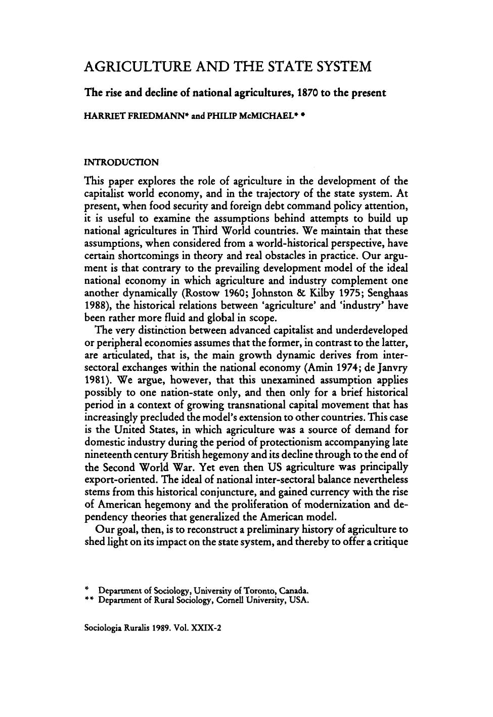 AGRICULTURE AND THE STATE SYSTEM: The rise and decline of national agricultures, 1870 to the present by Unknown
