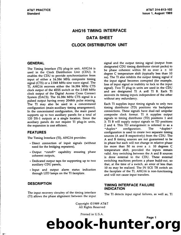 AHG16 Timing Interface Data Sheet Clock Distribution Unit by AT&&T