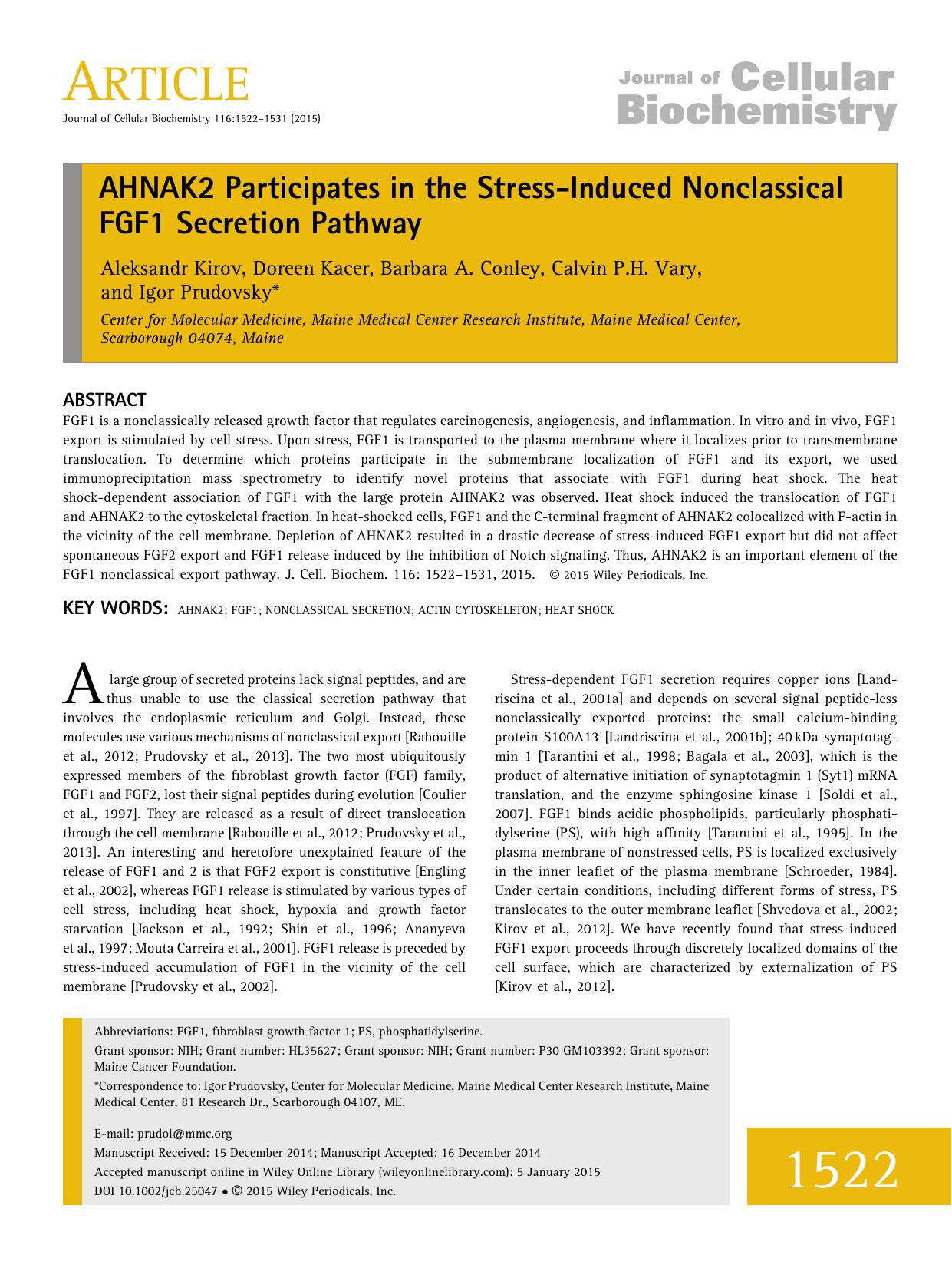 AHNAK2 Participates in the Stress-Induced Nonclassical FGF1 Secretion Pathway by Unknown