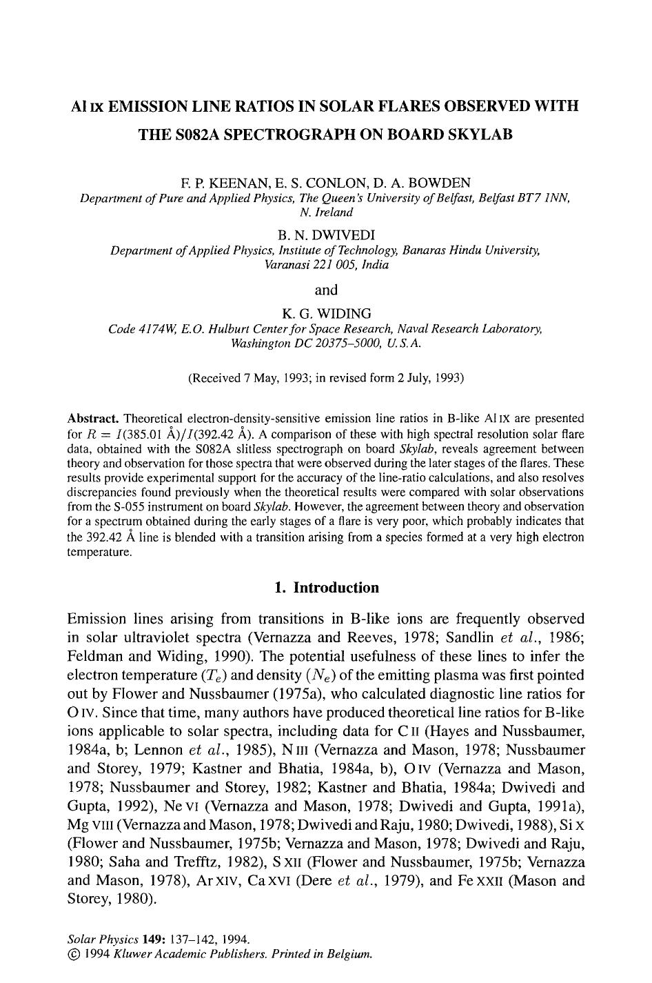 AI <Emphasis Type="SmallCaps">ix <Emphasis> emission line ratios in solar flares observed with the S082A spectrograph on board Skylab by Unknown