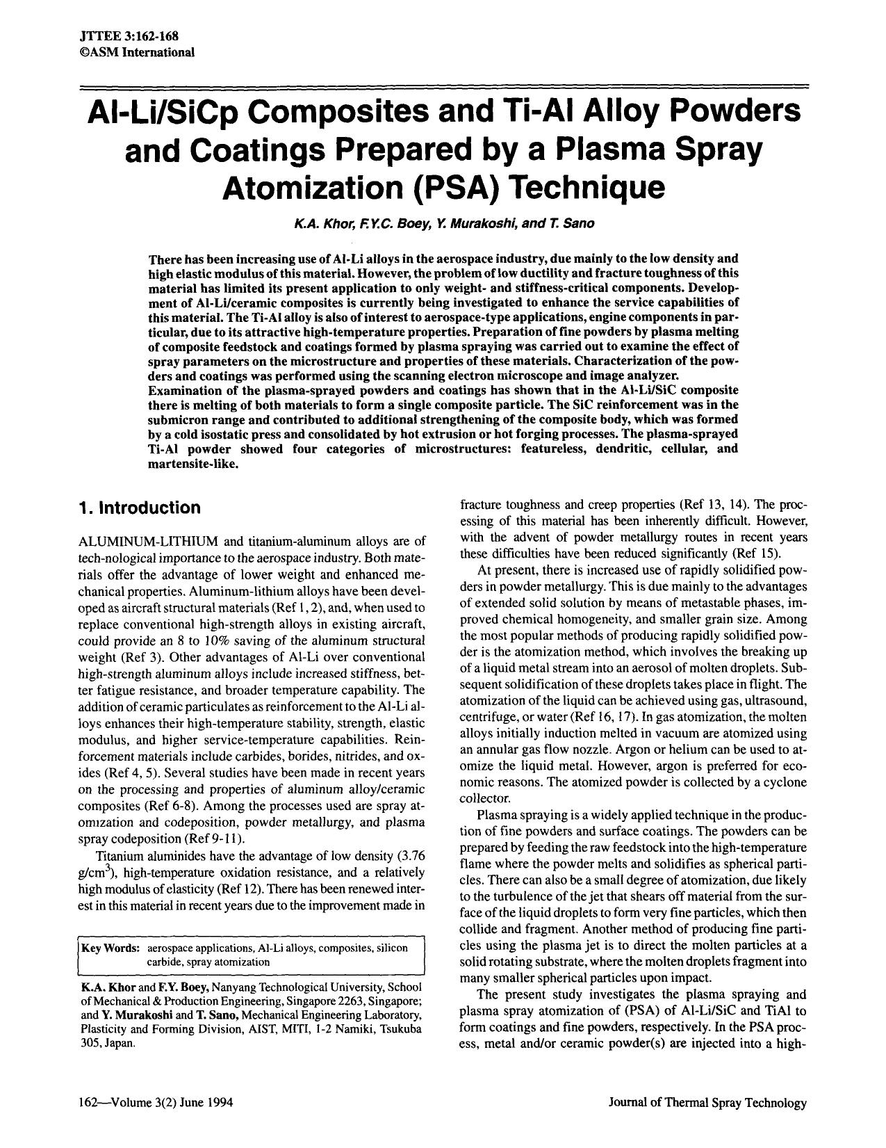 AI-LiSiCp composites and Ti-AI alloy powders and coatings prepared by a plasma spray atomization (PSA) technique by Unknown