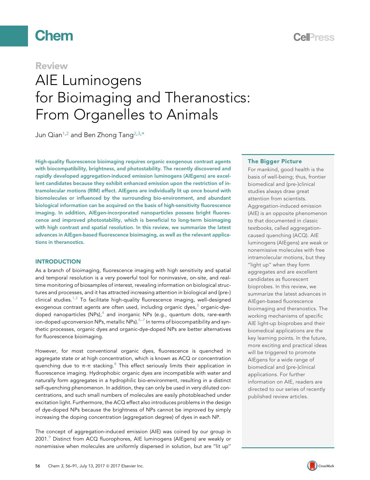 AIE Luminogens for Bioimaging and Theranostics: From Organelles to Animals by Jun Qian