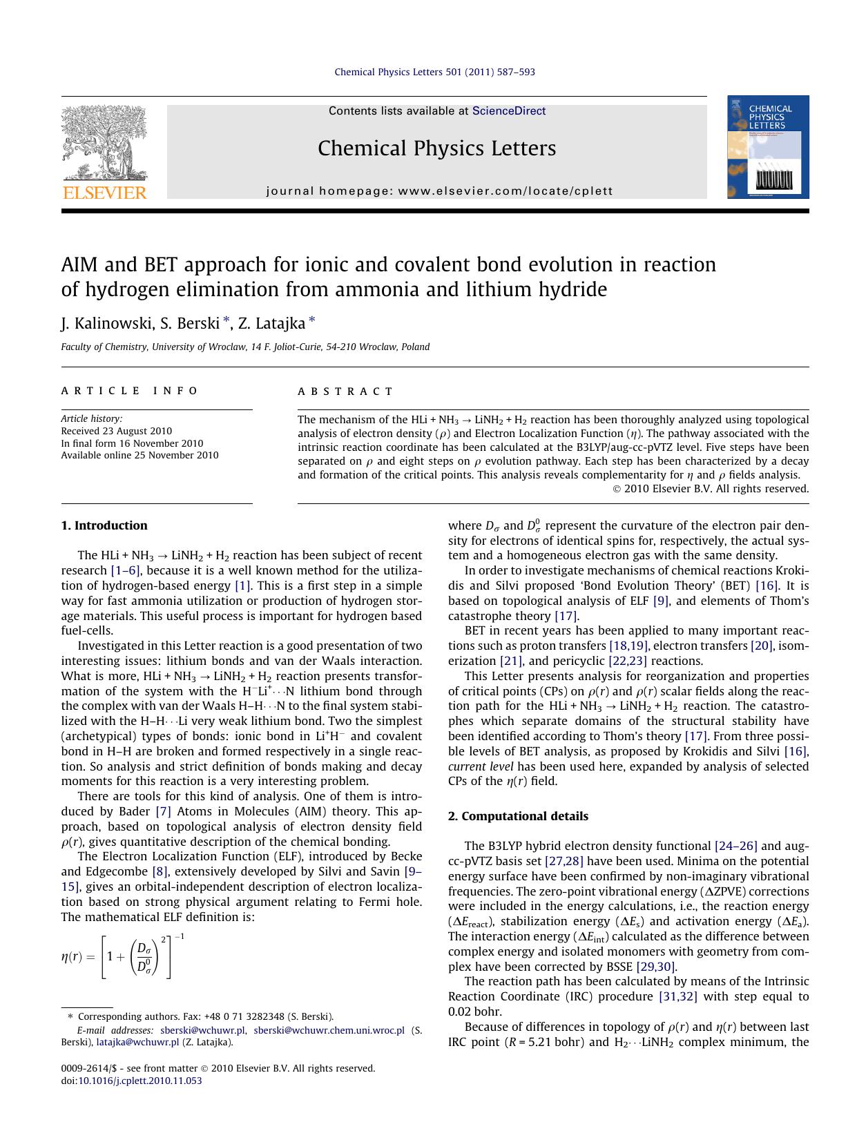 AIM and BET approach for ionic and covalent bond evolution in reaction of hydrogen elimination from ammonia and lithium hydride by J. Kalinowski & S. Berski & Z. Latajka