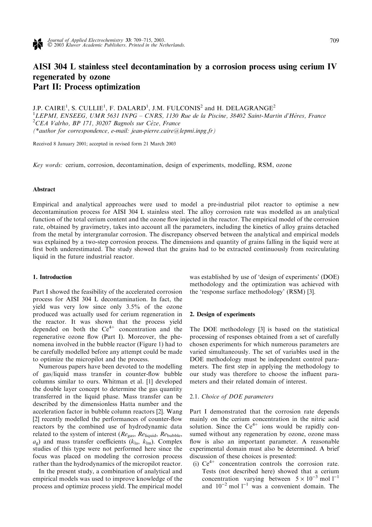 AISI 304 L stainless steel decontamination by a corrosion process using cerium IV regenerated by ozone Part II: Process optimization by Unknown