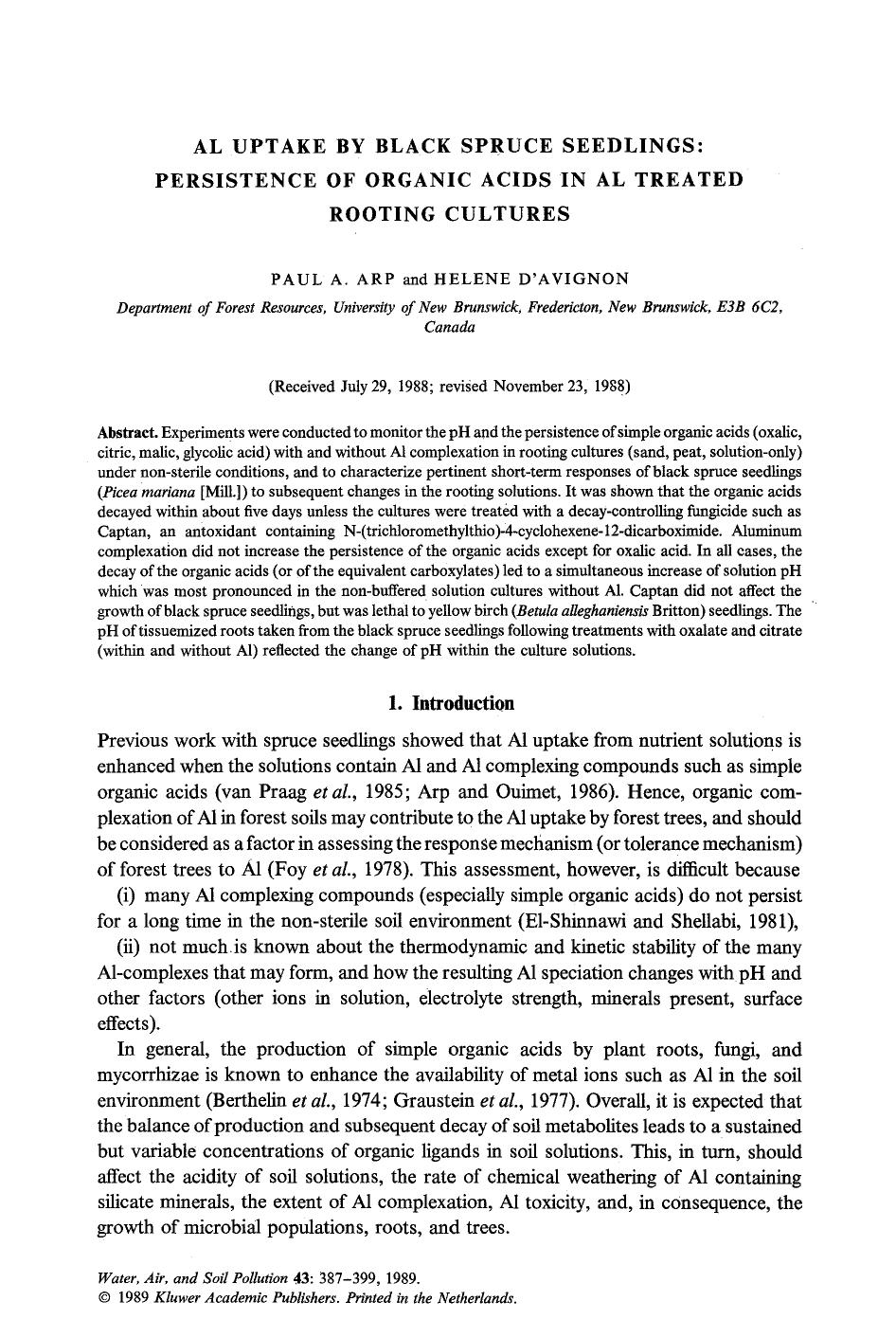 AL uptake by black spruce seedlings: Persistence of organic acids in al treated rooting cultures by Unknown