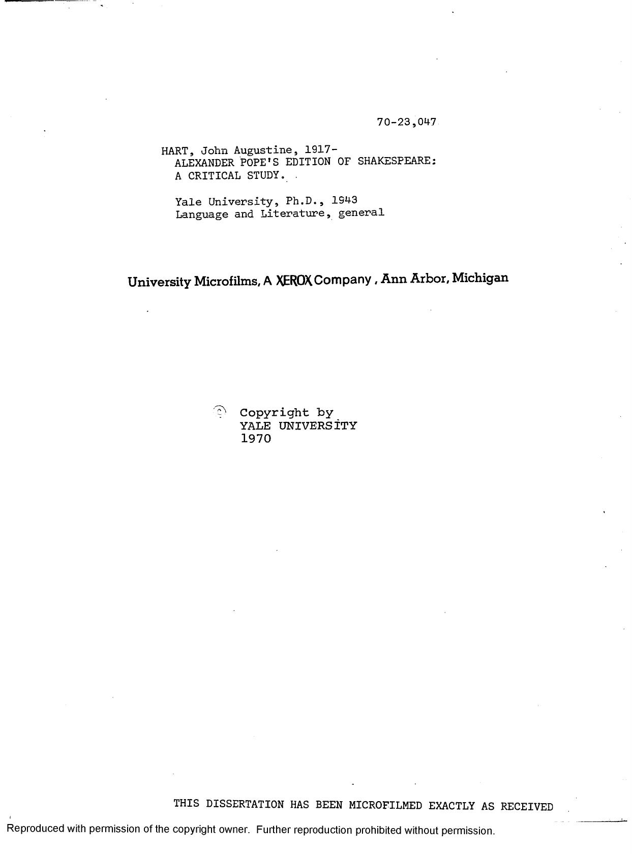 ALEXANDER POPEâS EDITION OF SHAKESPEARE: A CRITICAL STUDY by HART JOHN AUGUSTINE