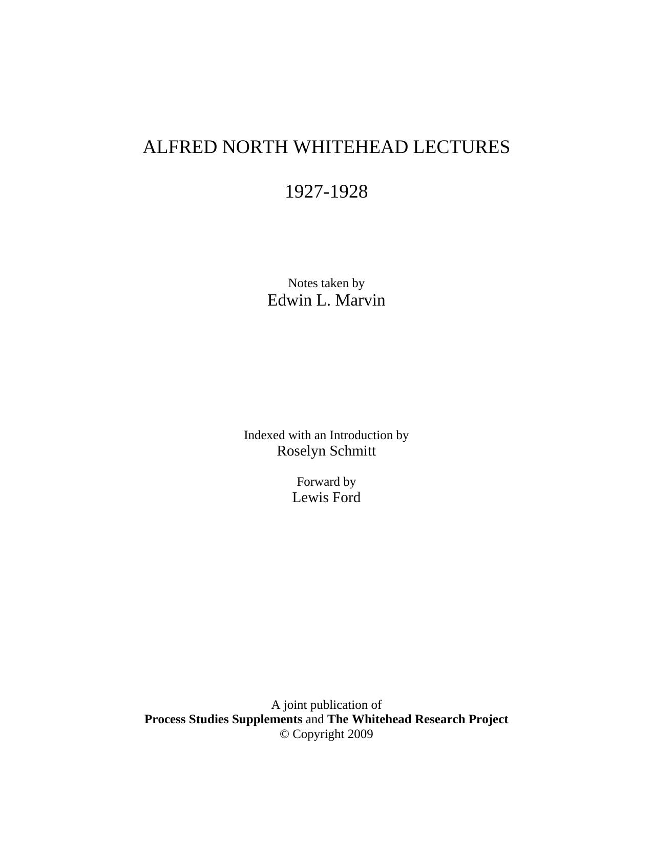 ALFRED NORTH WHITEHEAD LECTURES by Roselyn Schmitt