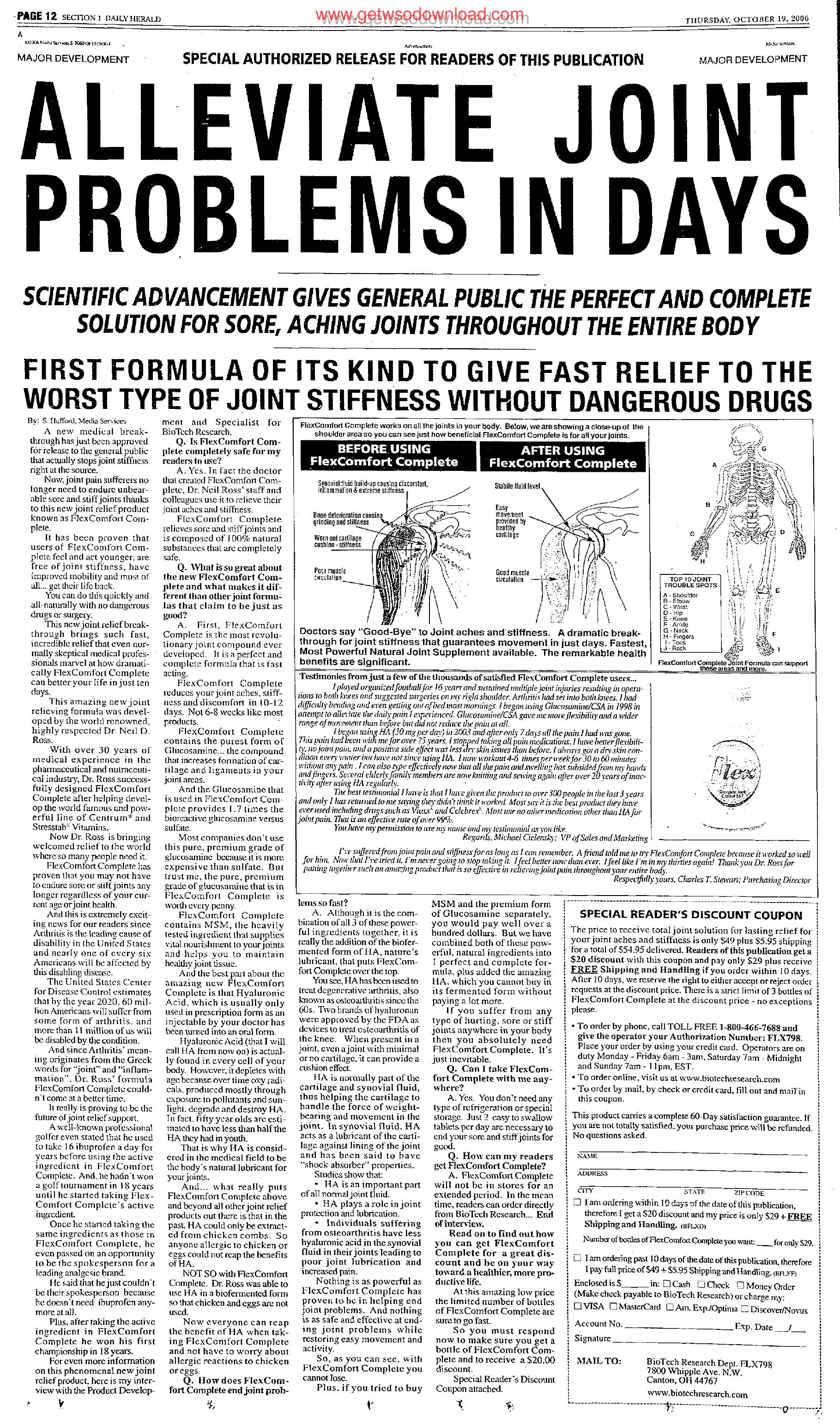 ALLEVIATE JOINT PROBLEMS IN DAYS by Copyright 2007 Heritage Microfilm Inc. and Newspaperarchive.com