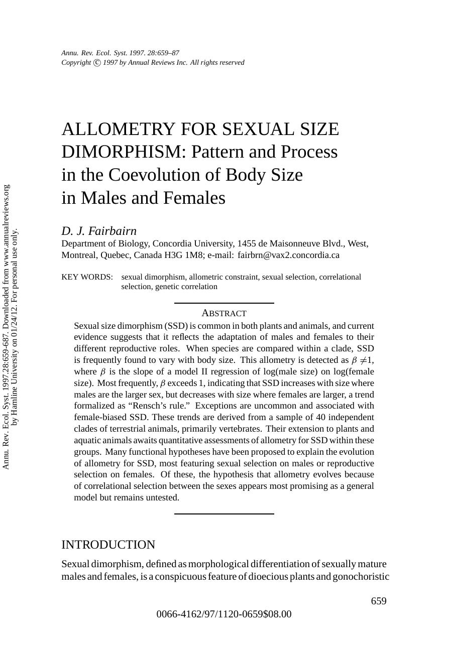 ALLOMETRY FOR SEXUAL SIZE DIMORPHISM:Pattern and Process in the Coevolution of Body Size in Males and Females by D. J. Fairbairn