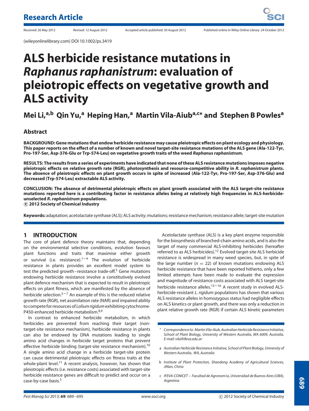 ALS herbicide resistance mutations in Raphanus raphanistrum: evaluation of pleiotropic effects on vegetative growth and ALS activity by Unknown