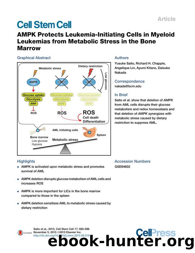 AMPK Protects Leukemia-Initiating Cells in Myeloid Leukemias from Metabolic Stress in the Bone Marrow by Yusuke Saito & Richard H. Chapple & Angelique Lin & Ayumi Kitano & Daisuke Nakada
