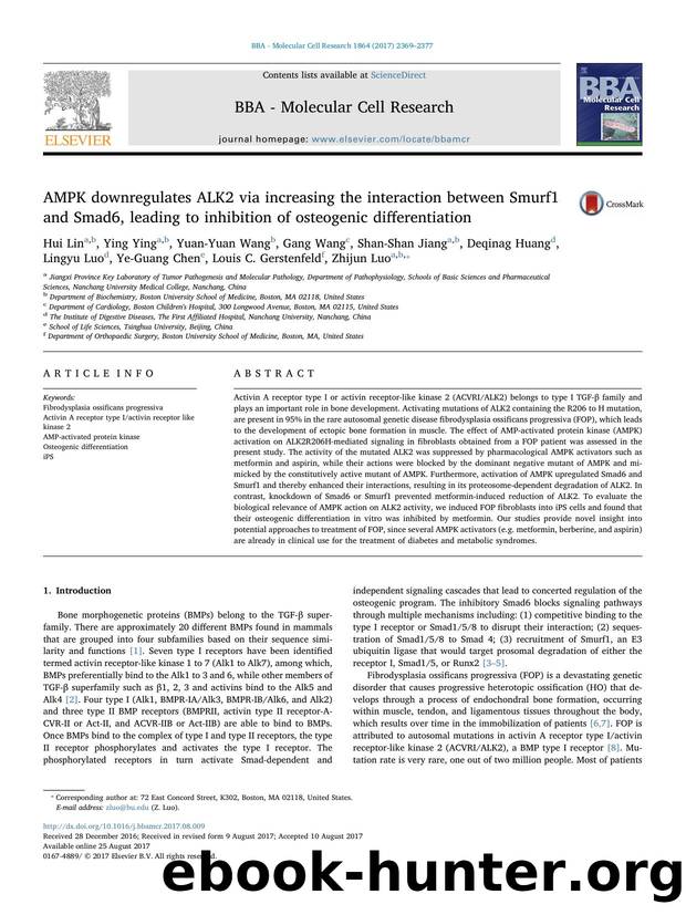 AMPK downregulates ALK2 via increasing the interaction between Smurf1 and Smad6, leading to inhibition of osteogenic differentiation by unknow
