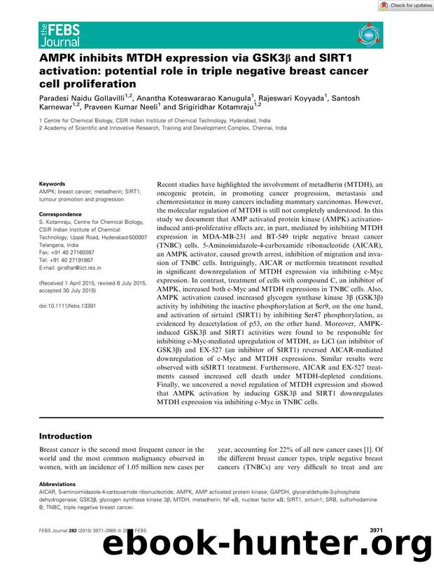 AMPK inhibits MTDH expression via GSK3Î² and SIRT1 activation: potential role in triple negative breast cancer cell proliferation by Unknown