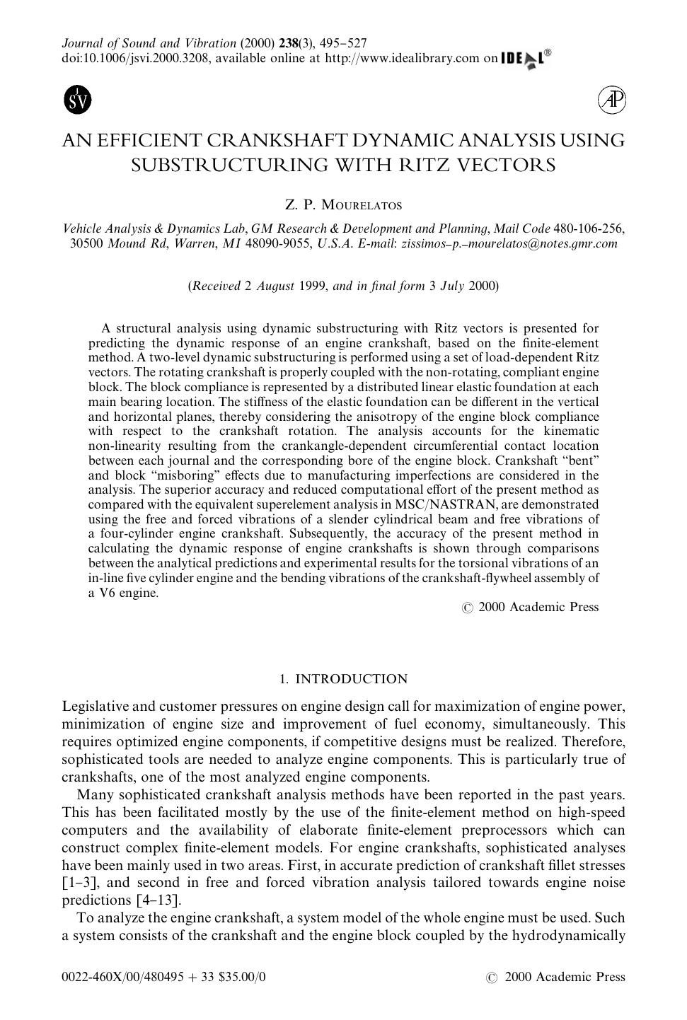 AN EFFICIENT CRANKSHAFT DYNAMIC ANALYSIS USING SUBSTRUCTURING WITH RITZ VECTORS by MOURELATOS Z. P