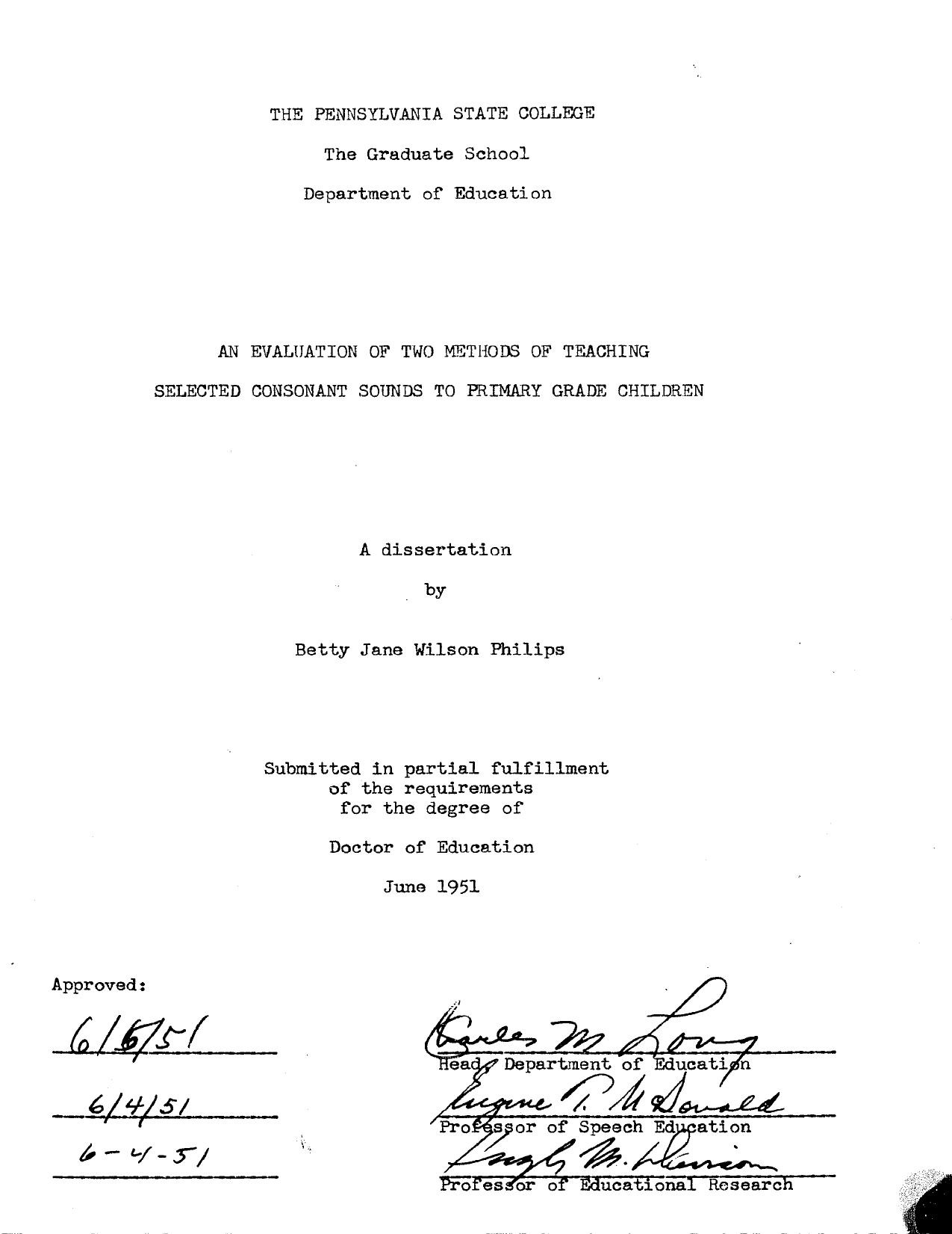 AN EVALUATION OF TWO METHODS OF TEACHING SELECTED CONSONANT SOUNDS TO PRIMARY GRADE CHILDREN by PHILIPS BETTY JANE WILSON
