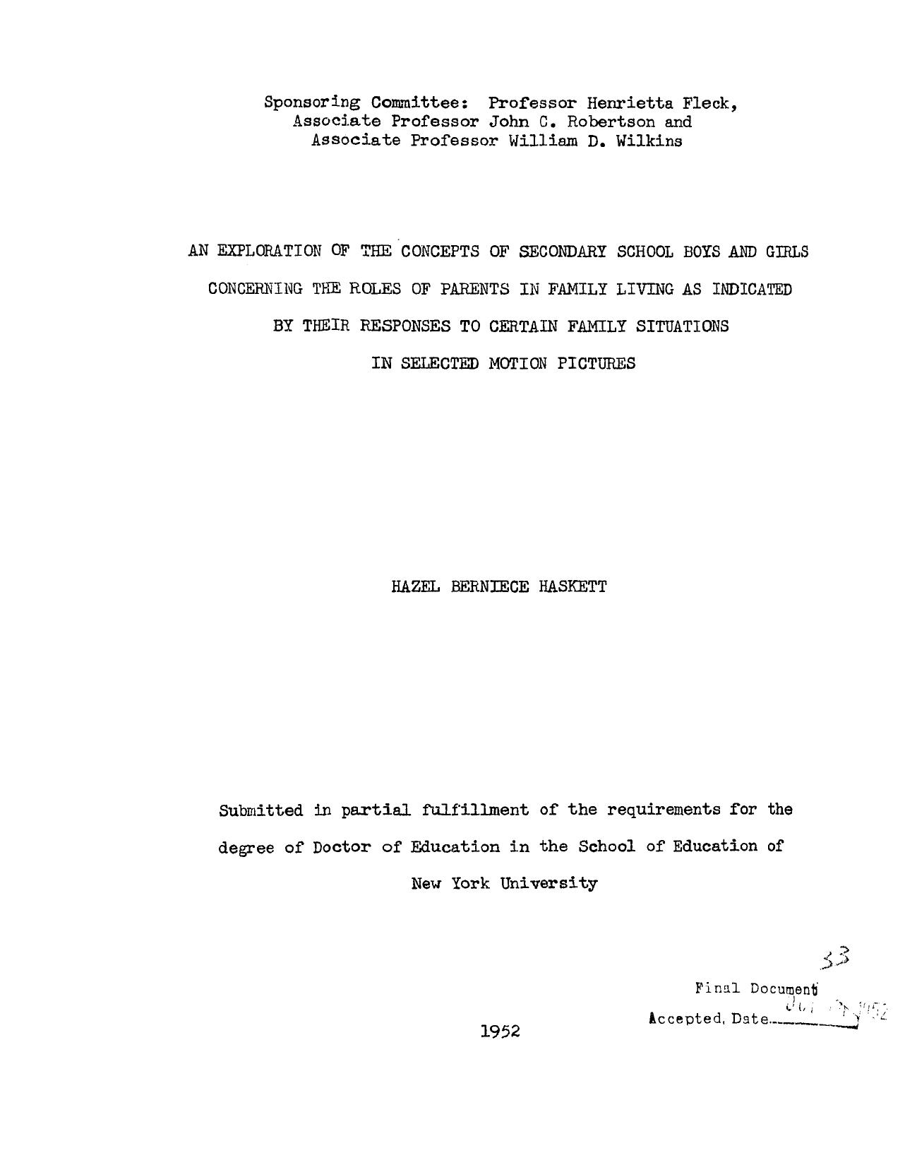 AN EXPLORATION OF THE CONCEPTS OF SECONDARY SCHOOL BOYS AND GIRLS CONCERNING THE ROLES OF PARENTS IN FAMILY LIVING AS INDICATED BY THEIR RESPONSES TO CERTAIN FAMILY SITUATIONS IN S by HASKETT HAZEL BERNIECE