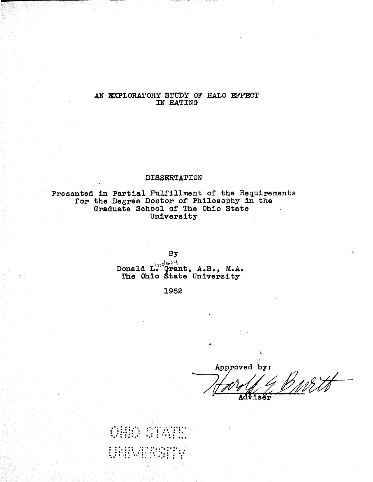 AN EXPLORATORY STUDY OF HALO EFFECT IN RATING by GRANT DONALD LINDSAY