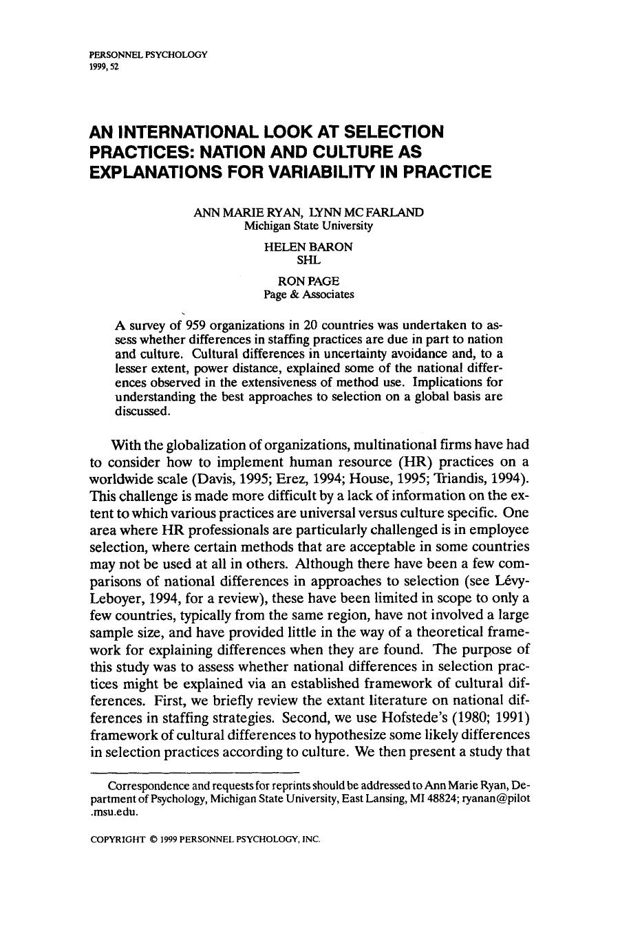 AN INTERNATIONAL LOOK AT SELECTION PRACTICES: NATION AND CULTURE AS EXPLANATIONS FOR VARIABILITY IN PRACTICE by unknow