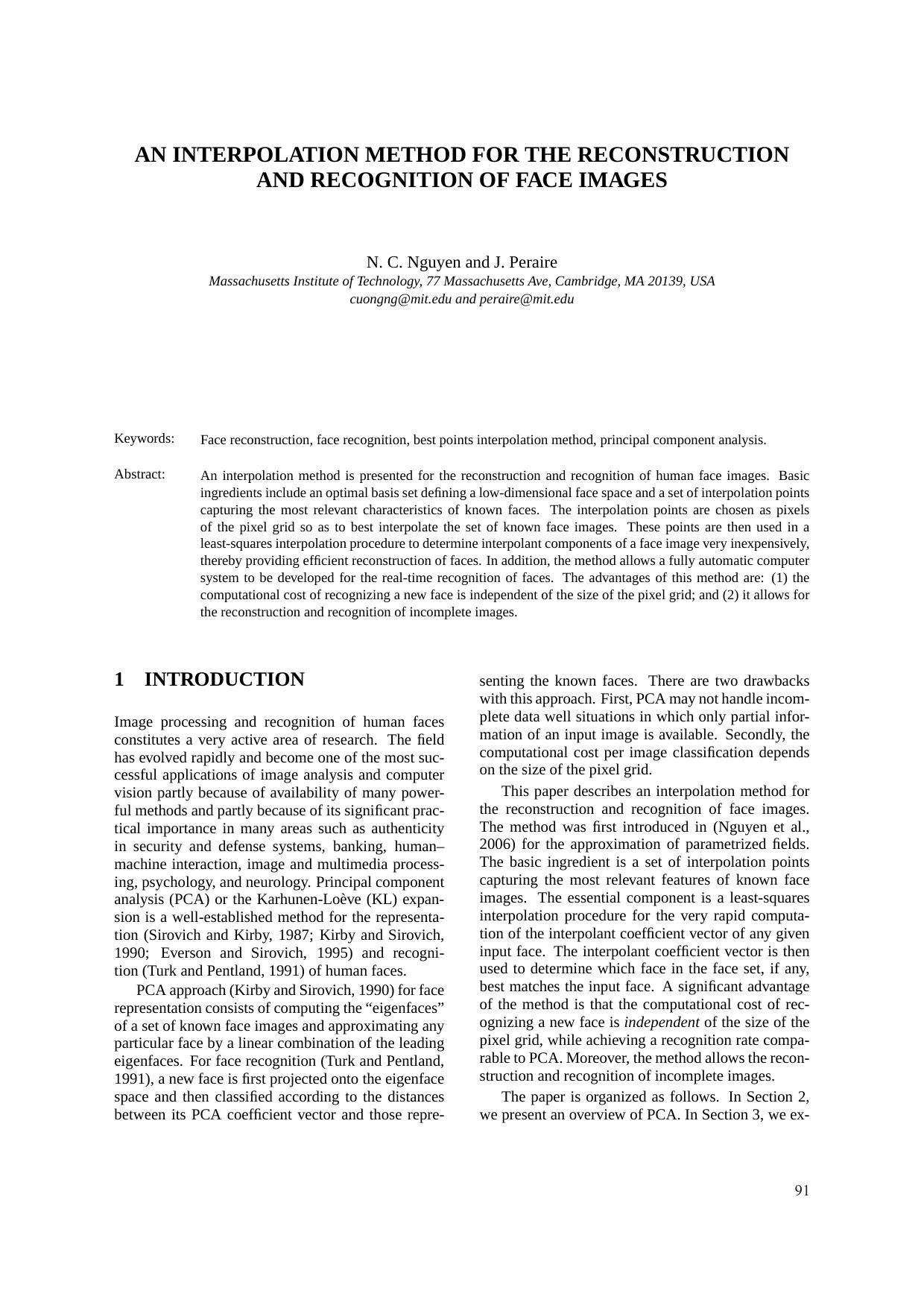 AN INTERPOLATION METHOD FOR THE RECONSTRUCTION AND RECOGNITION OF FACE IMAGES by N. C. Nguyen & J. Peraire