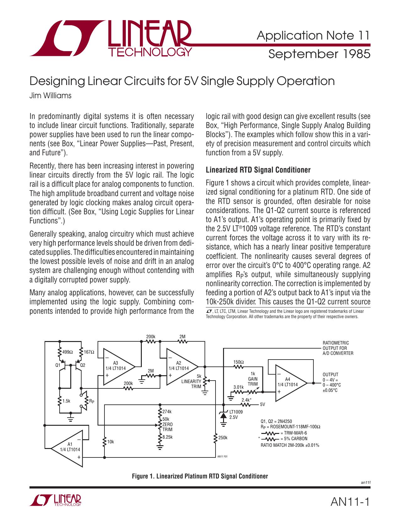 AN11 - Designing Linear Circuits for 5V Single Supply Operation by Linear Technology Corporation