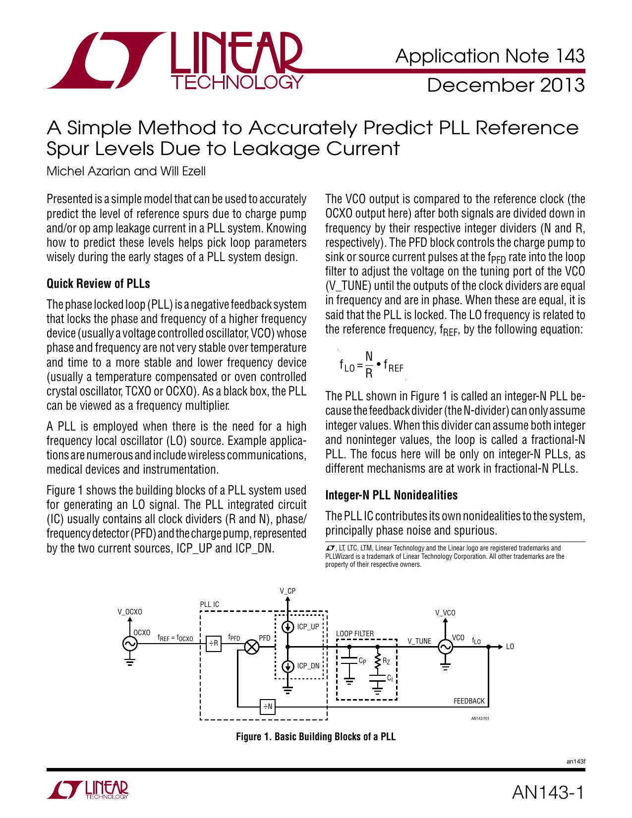 AN143 - A Simple Method to Accurately Predict PLL Reference Spur Levels Due to Leakage Current by Linear Technology Corporation