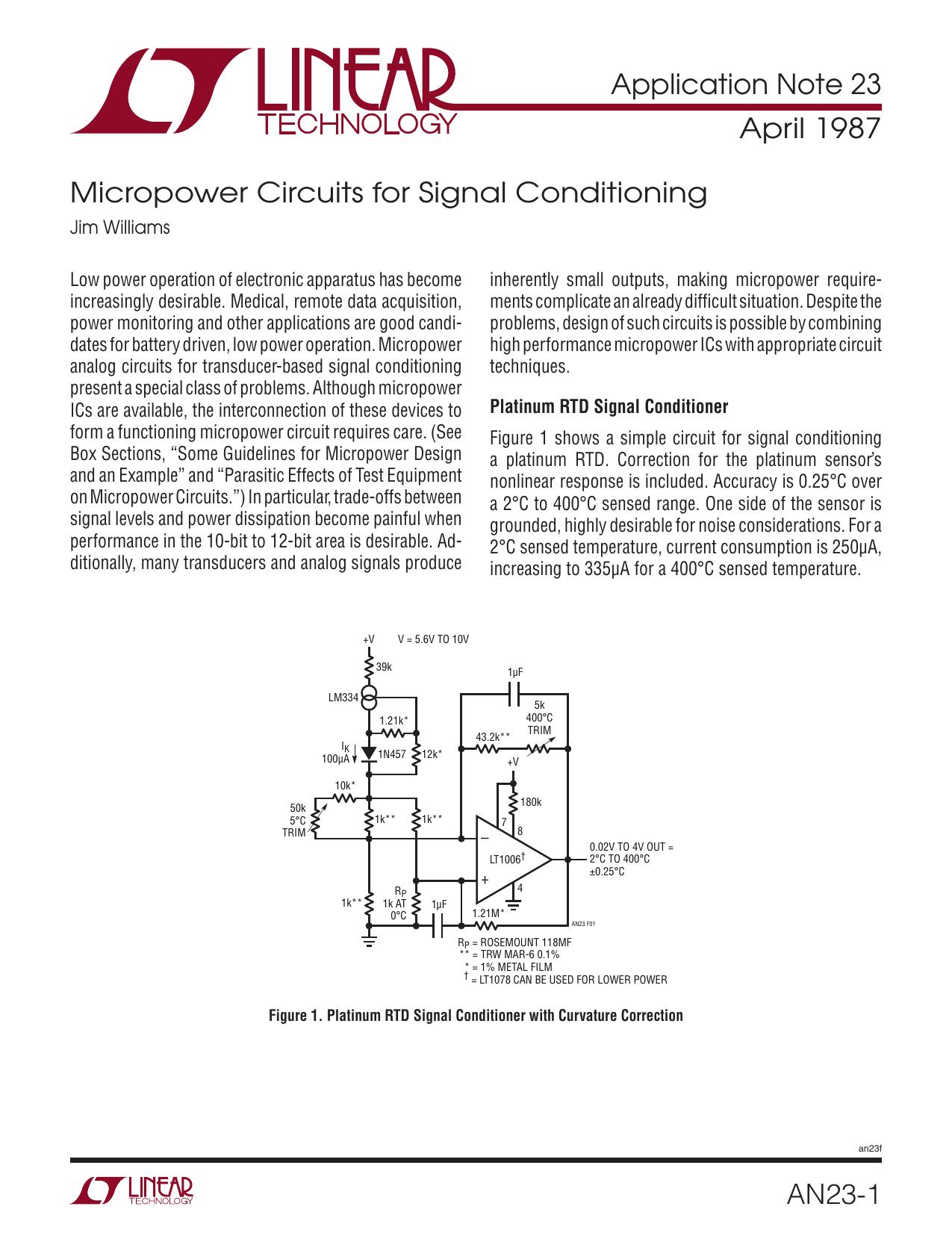 AN23 - Micropower Circuits for Signal Conditioning by Linear Technology Corporation