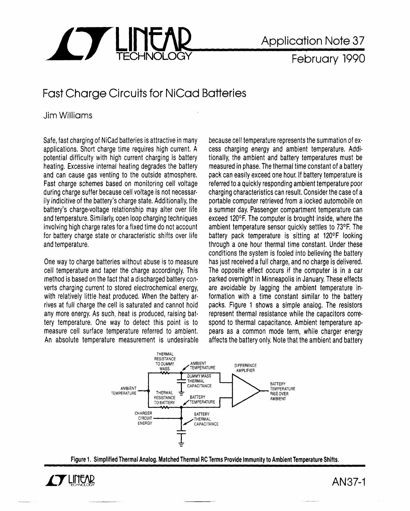 AN37 - Fast Charge Circuits for NiCad Batteries by Linear Technology Corporation