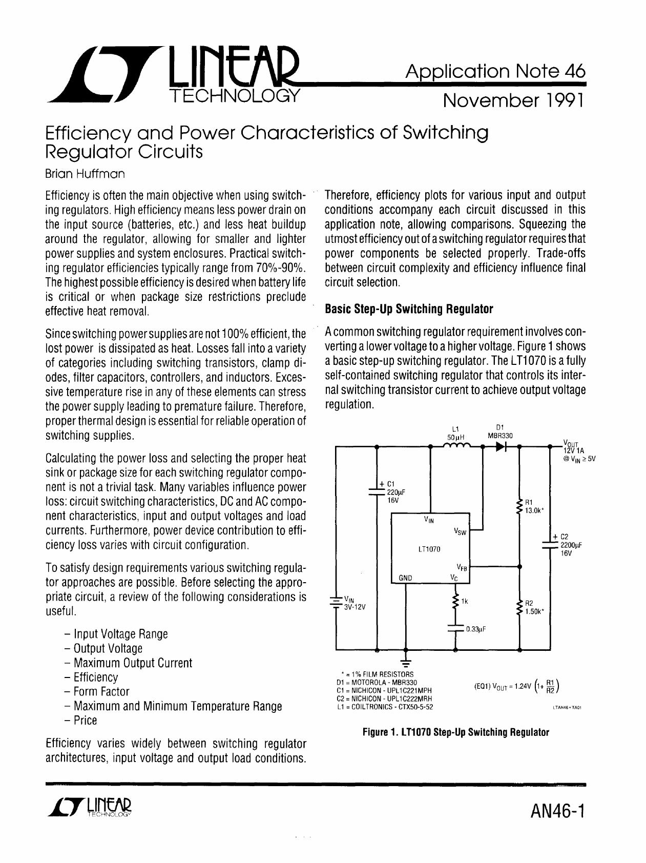 AN46 - Efficiency and Power Characteristics of Switching Regulator Circuits by Linear Technology Corporation