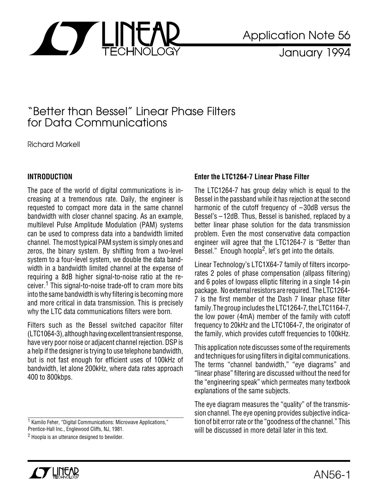 AN56 - Better than Bessel Linear Phase Filters For Data Communications by Linear Technology Corporation