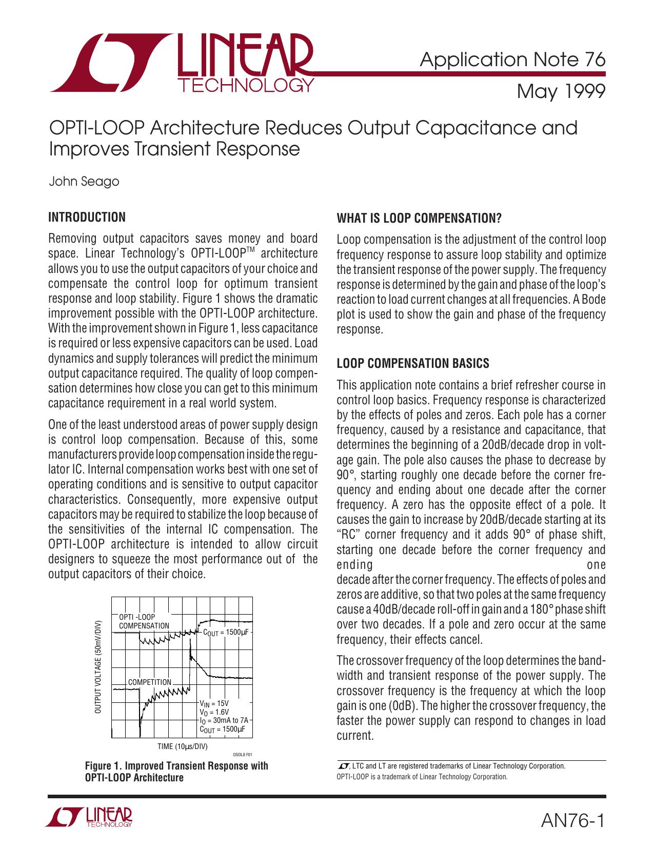 AN76 - OPTI-LOOP Architecture Reduces Output Capacitance and Improves Transient Response by Linear Technology Corporation