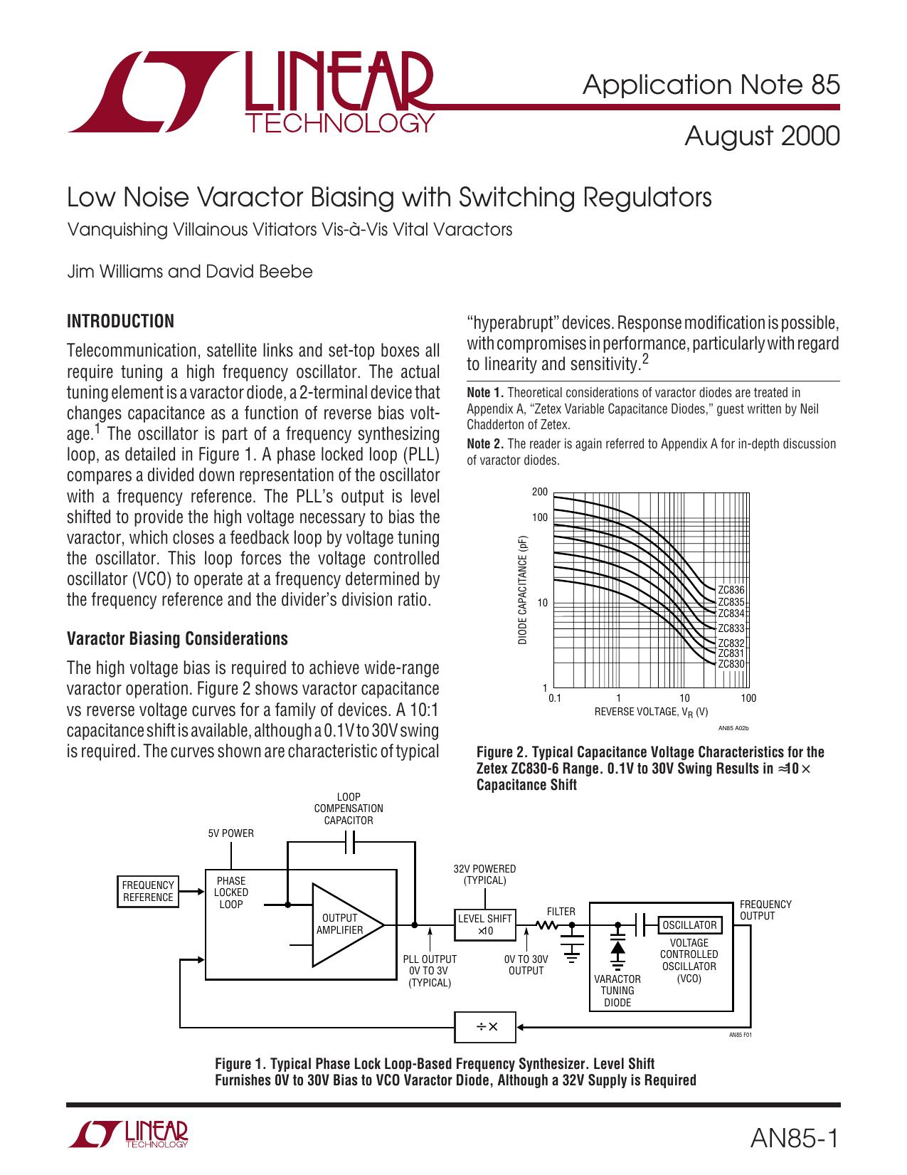 AN85 - Low Noise Varactor Biasing with Switching Regulators: Vanquishing Villainous Vitiators Vis-Ã -Vis Vital Varactors by Linear Technology Corporation