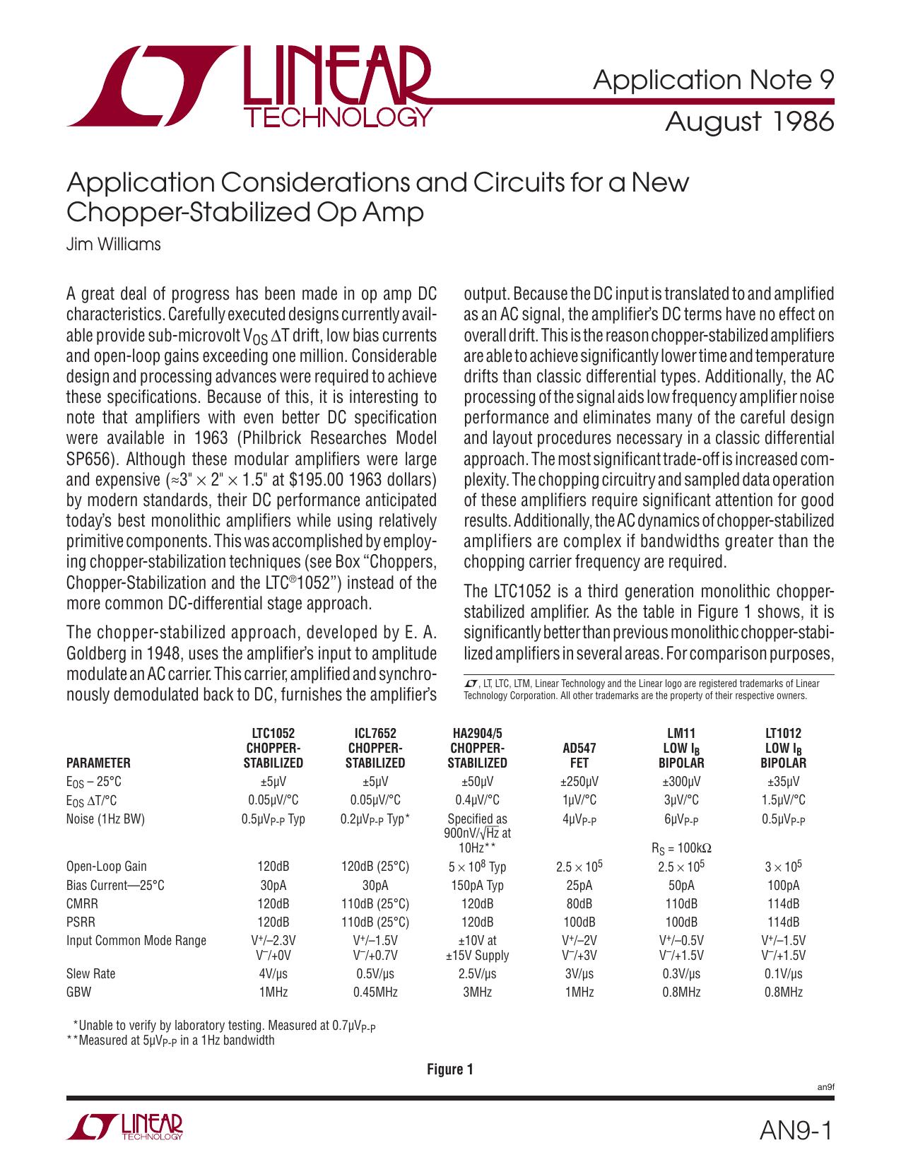 AN9 - Application Considerations and Circuits for a New Chopper-Stabilized Op Amp by Linear Technology Corporation