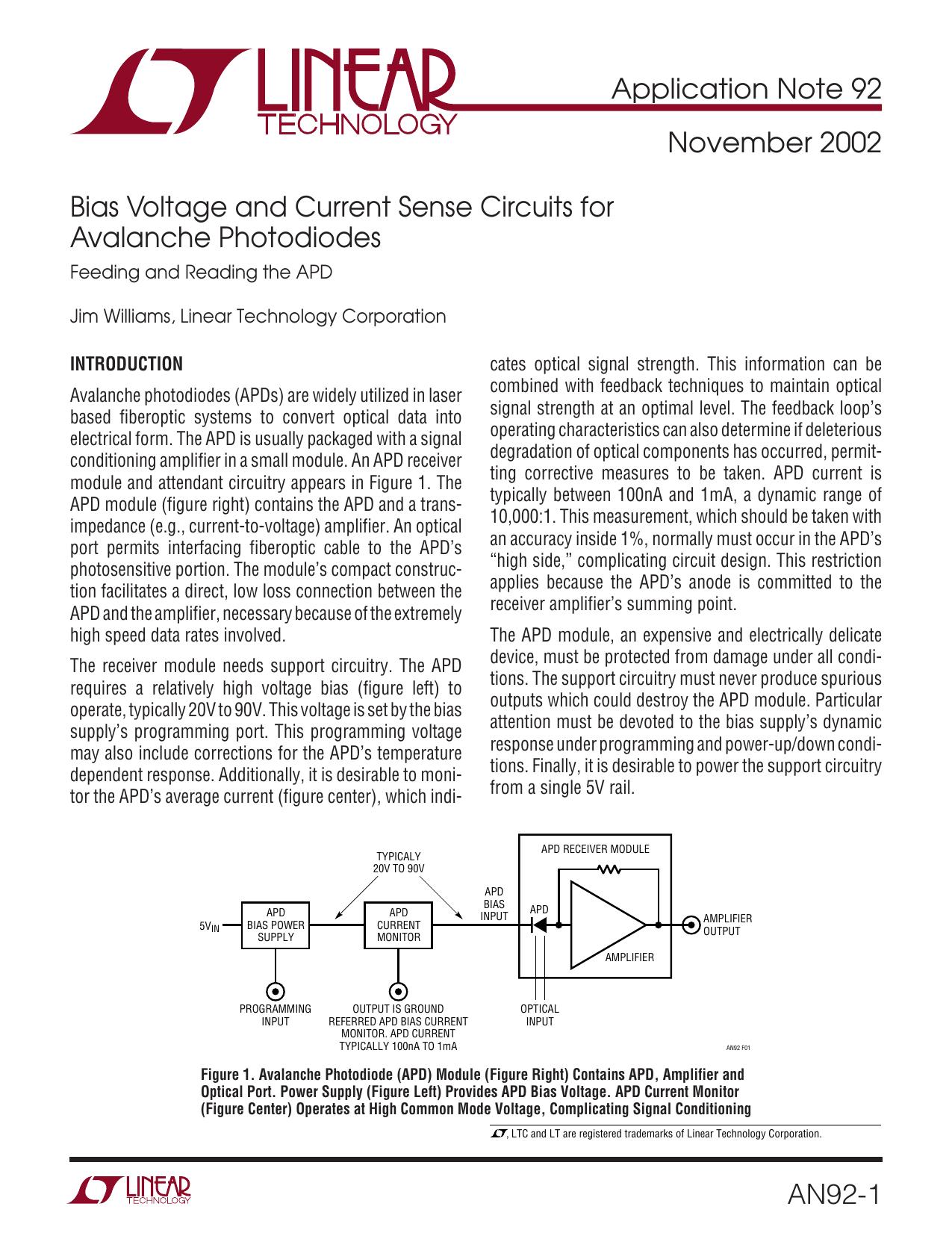AN92 - Bias Voltage and Current Sense Circuits for Avalanche Photodiodes by Linear Technology Corporation