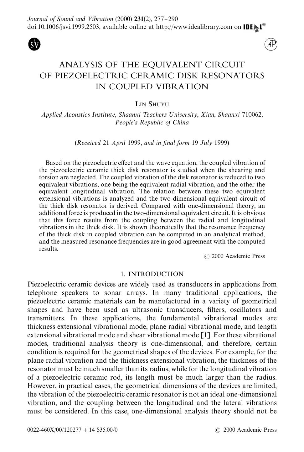 ANALYSIS OF THE EQUIVALENT CIRCUIT OF PIEZOELECTRIC CERAMIC DISK RESONATORS IN COUPLED VIBRATION by SHUYU L