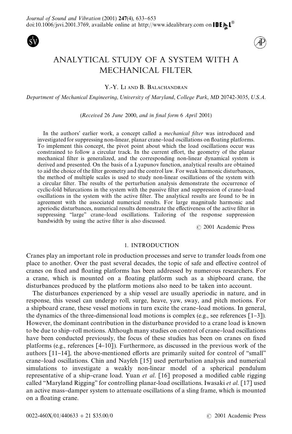 ANALYTICAL STUDY OF A SYSTEM WITH A MECHANICAL FILTER by LI Y.-Y. & BALACHANDRAN B
