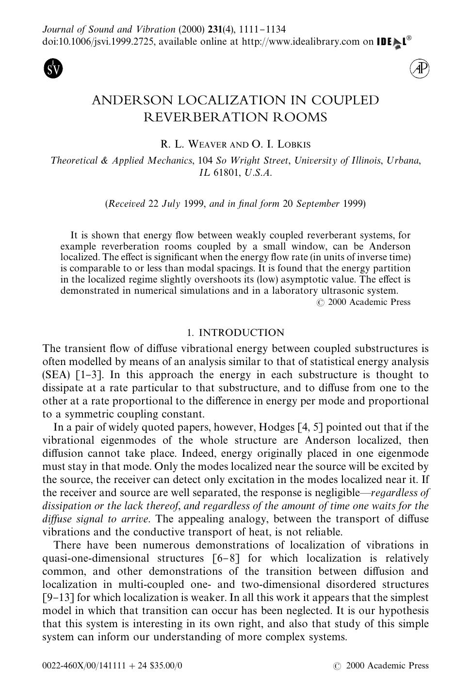 ANDERSON LOCALIZATION IN COUPLED REVERBERATION ROOMS by WEAVER R. L. & LOBKIS O. I