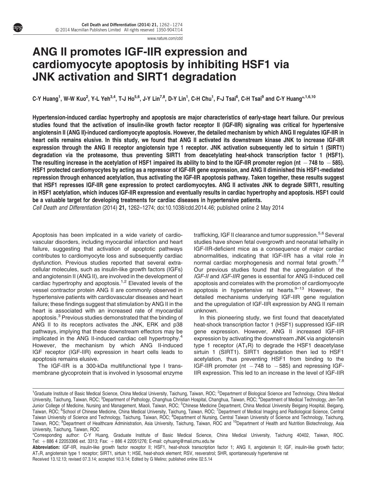 ANG II promotes IGF-IIR expression and cardiomyocyte apoptosis by inhibiting HSF1 via JNK activation and SIRT1 degradation by C-Y Huang & W-W Kuo & Y-L Yeh & T-J Ho & J-Y Lin & D-Y Lin & C-H Chu & F-J Tsai & C-H Tsai &