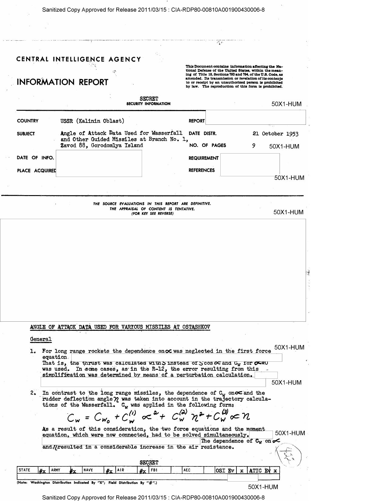 ANGLE OF ATTACK DATA USED FOR WASSERFALL AND OTHER GUIDED MISSILES AT BRANCH NO. 1, ZAVOD 88, GORODOMLYA ISLAND by Unknown