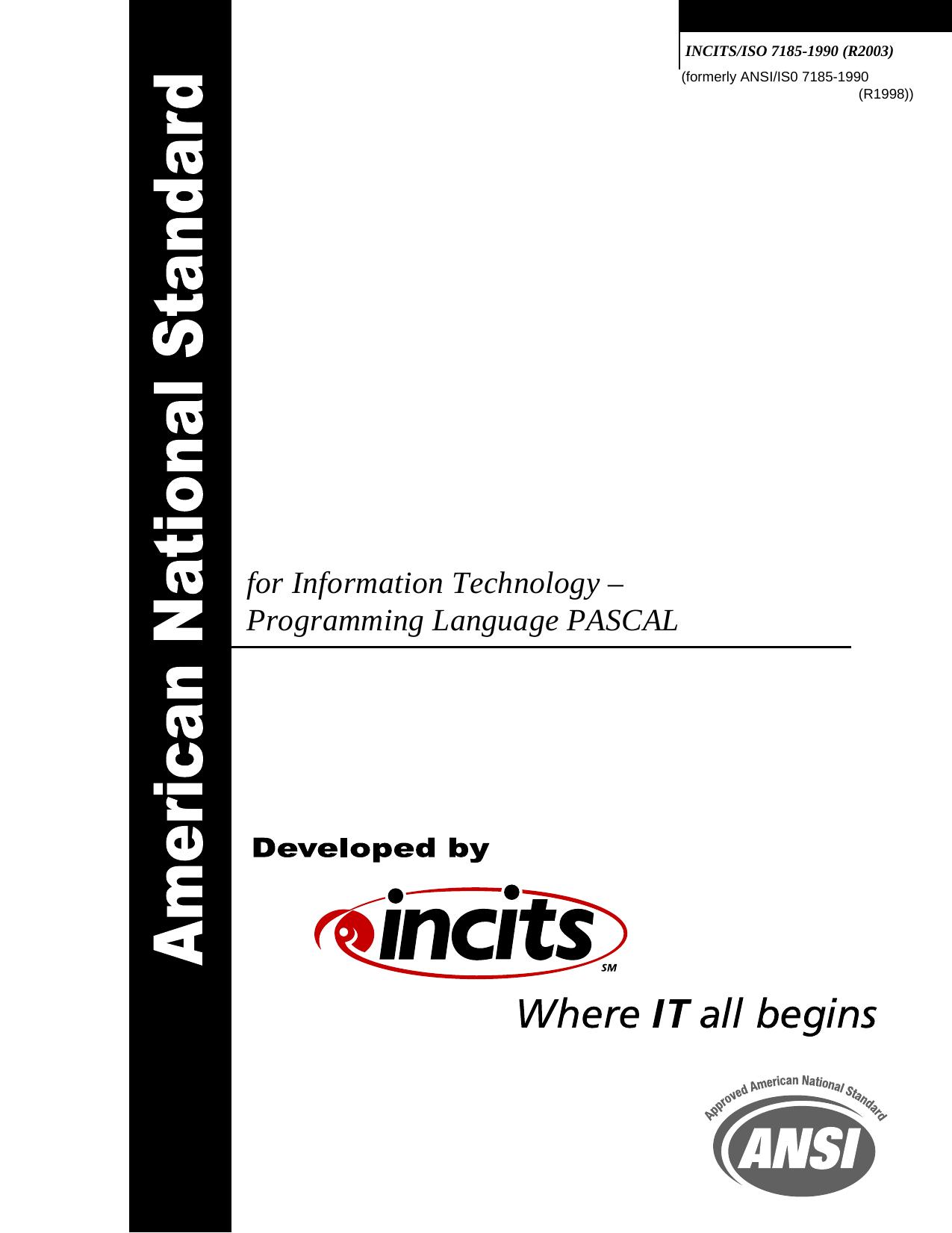 ANSI/IS0 7185-l990 American National Standard for Information Technology - Programming Language PASCAL by ANSI