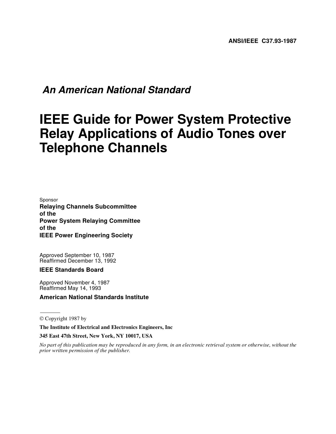 ANSIIEEE C37.93-1987, IEEE Guide for Power System Protective Relay Applications of Audio Tones over Telephone Channels by unknow