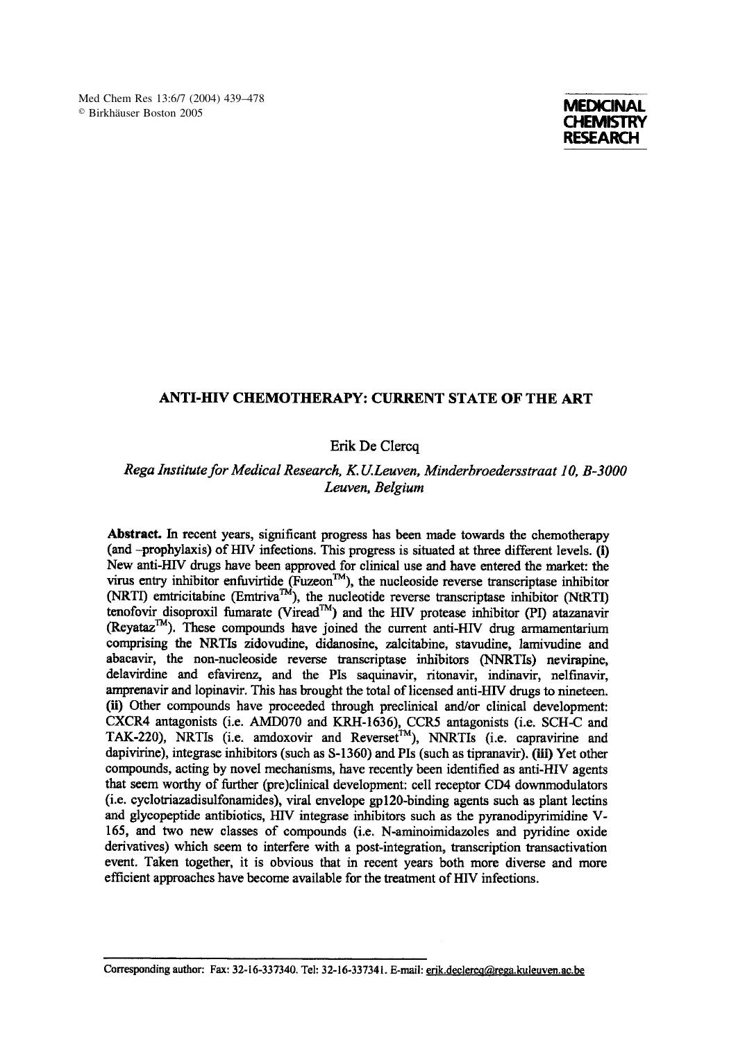 ANTI-HIV CHEMOTHERAPY: CURRENT STATE OF THE ART by De Clercq Erik; et al