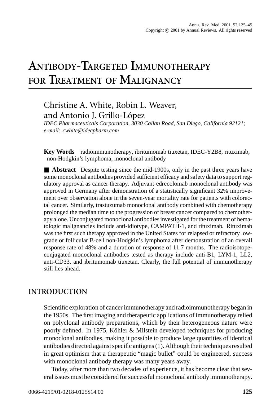 ANTIBODY-TARGETED IMMUNOTHERAPY FOR TREATMENT OF MALIGNANCY by Christine A. White Robin L. Weaver and Antonio J. Grillo-Lopez
