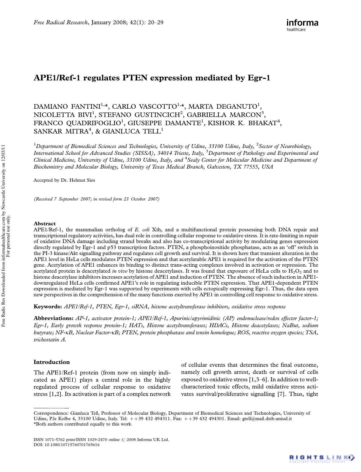 APE1Ref-1 regulates PTEN expression mediated by Egr-1 by unknow