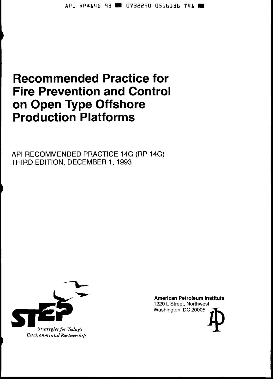 API 14G Recommended Practice for Fire Prevention & Control on Offshore Platforms by Unknown
