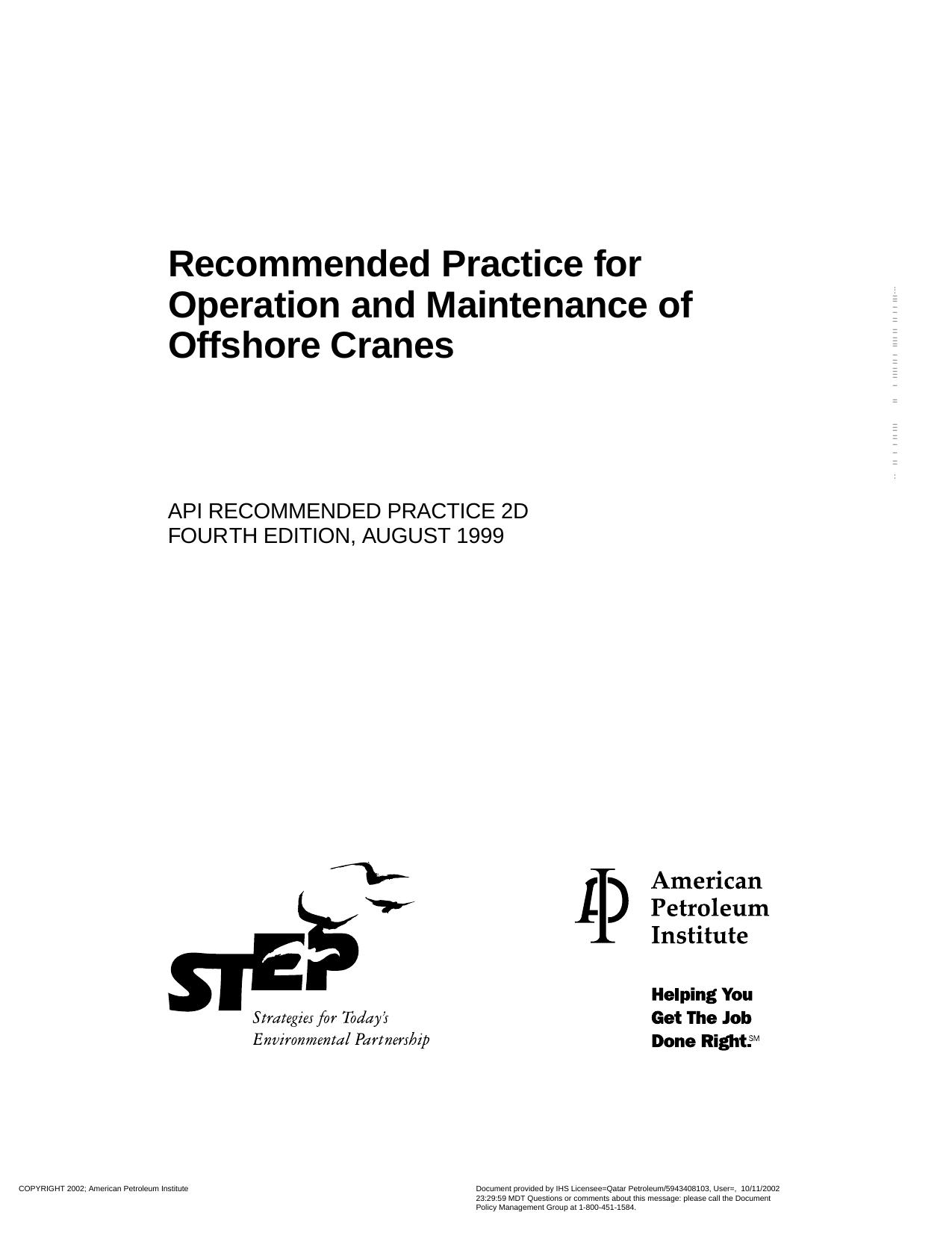 API-RP-2D-OPERATION AND MAINTENANCE OF OFFSHORE CRANES by API