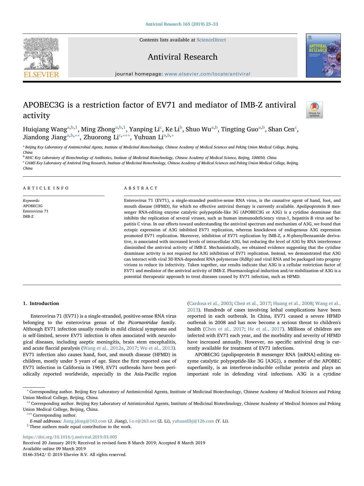 APOBEC3G is a restriction factor of EV71 and mediator of IMB-Z antiviral activity by unknow