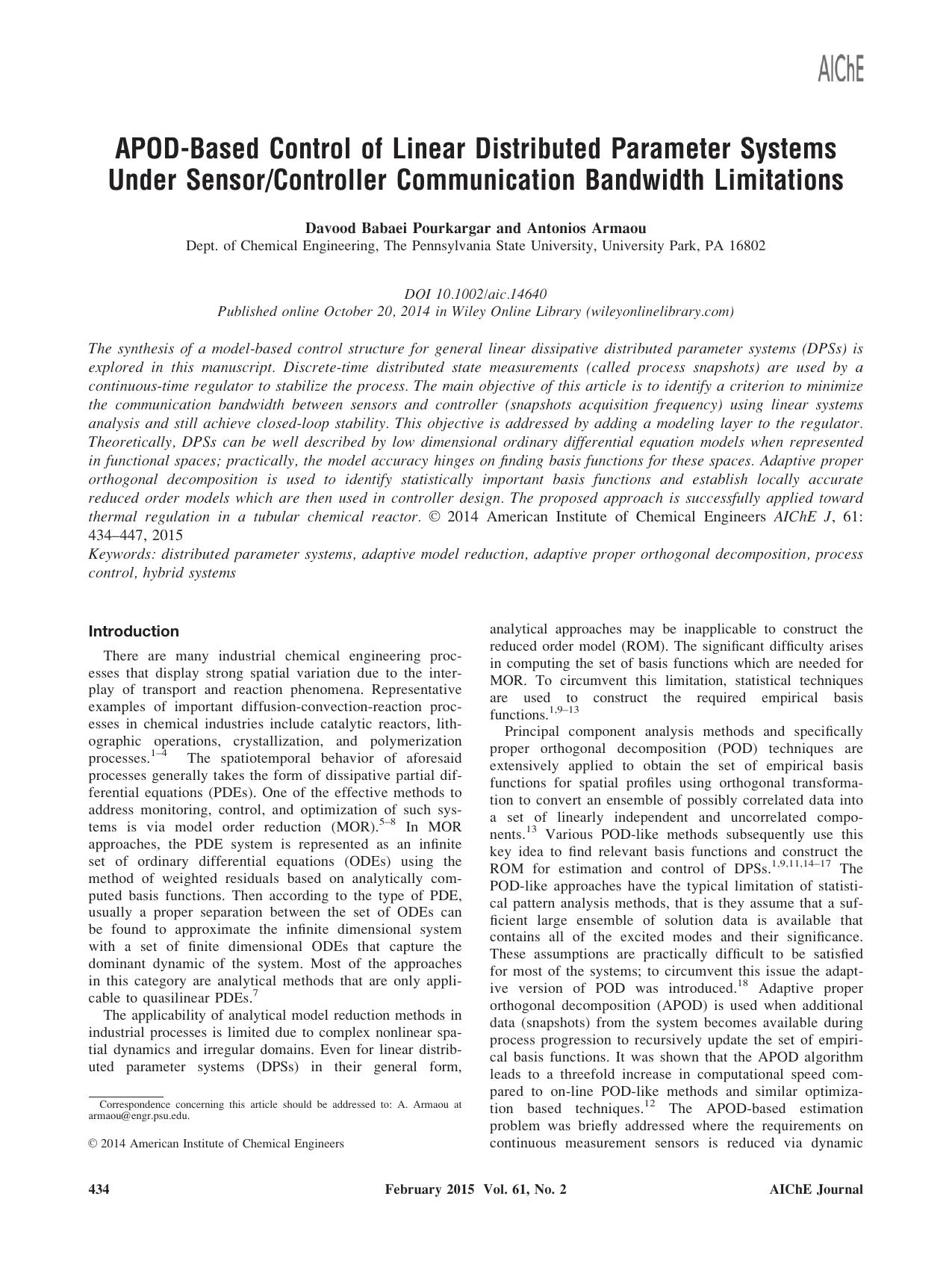 APOD‐Based Control of Linear Distributed Parameter Systems Under SensorController Communication Bandwidth Limitations by Unknown