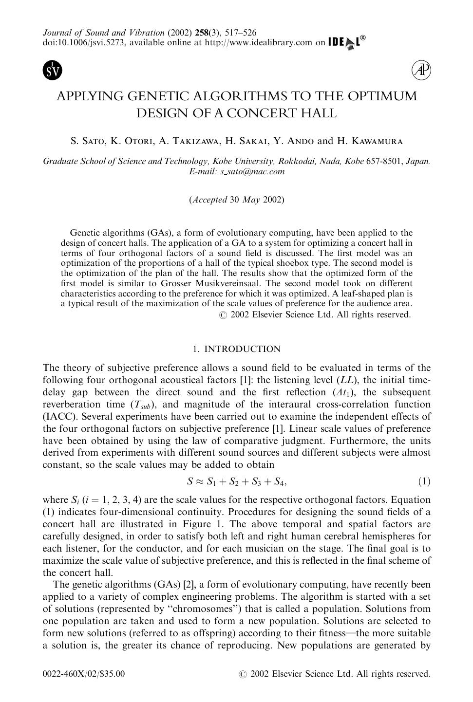 APPLYING GENETIC ALGORITHMS TO THE OPTIMUM DESIGN OF A CONCERT HALL by SATO S. et al